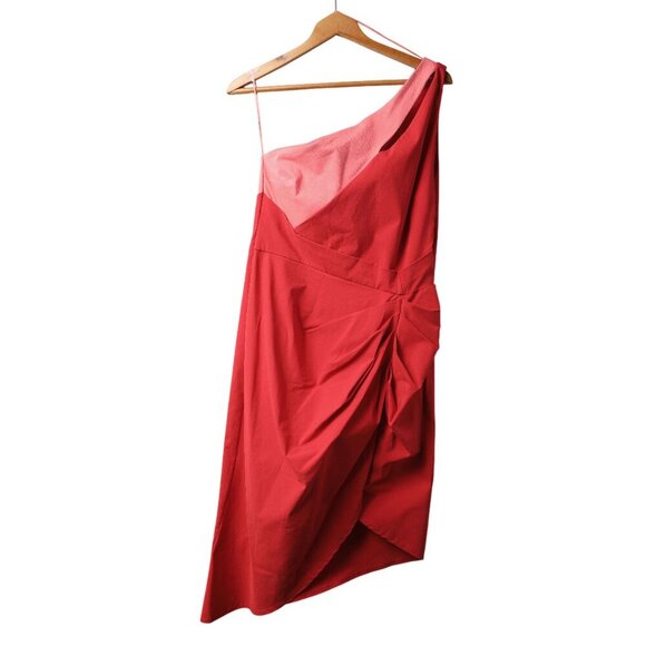 Lipsy London One-Shoulder Red Sheath Dress Asymmetrical-Pleat Cutout Stretch 12 - Picture 3 of 12